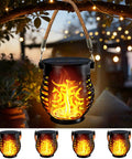 Four Pack Solar Lanterns With Flickering Flame, Outdoor Waterproof Hanging Lights, rustic hemp rope handle, orange flame effect
