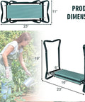 Dimensions of 2-In-1 Garden Kneeler And Seat with EVA Foam Kneeling Pad and Removable Tool Pouch, sturdy steel frame displayed.