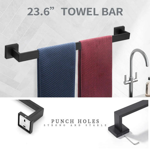 23.6-inch towel bar from 7 Piece Matte Black Bathroom Hardware Set With Wall Mounted Towel Rack And Square Towel Bar Includes Towel Holder Hand Towel Bar Toilet Paper Holder 2 Wall Hooks And 2 Robe Hooks Premium SUS304 Stainless Steel Durable Build