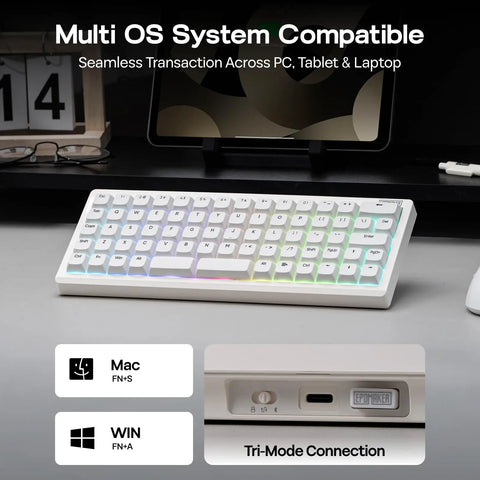 Solid 65 Percent Ortholinear Mechanical Keyboard With Via Custom Programming And Tri Mode Wireless Setup For Fast Finger Typing, showing keys with RGB backlight.