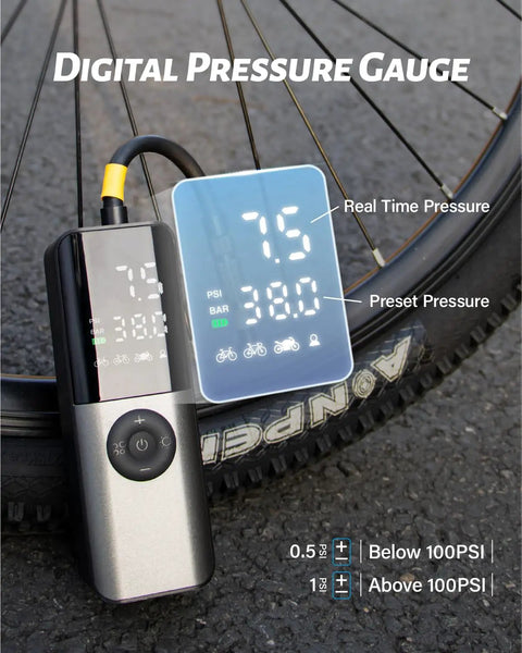 Must Have Portable Bike Pump With Digital Gauge Inflates To 150 Psi, Automatically Stops At Set Pressure, Perfect For Road, Mountain, E-Bike And Motorcycle, Fits Presta Schrader And Dunlop Valves, LCD Readout