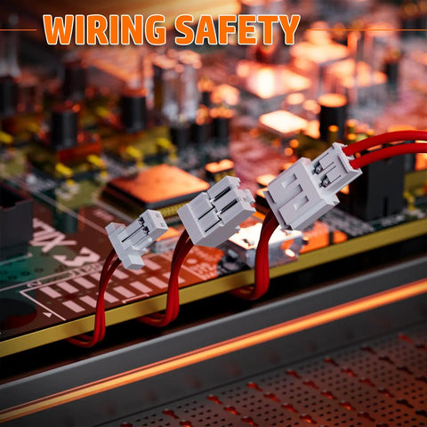 Pro Grade All In One DIY Electronics Crimping Tool Kit With 22 JST Connectors on circuit board with wiring safety message