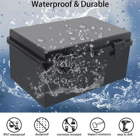 Killer IP67 Seal Rock Solid ABS Junction Box With Secure Hinged Black Lid And Heavy Duty Mounting Plate in waterproof setting.