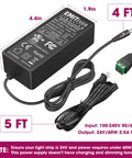 24V LED Power Supply 60W UL Listed AC to DC Converter for LED Strip Lights and CCTV Cameras with plug and dimensions.