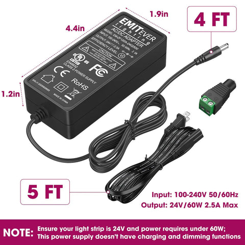 24V LED Power Supply 60W UL Listed AC to DC Converter for LED Strip Lights and CCTV Cameras with plug and dimensions.