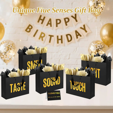 Five Senses Gift Bag Set For Him with Labels and Tissue Paper, medium black gift bags with sensory labels in a birthday setting