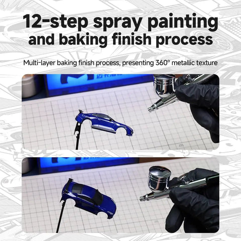 12-step spray painting of 1/64 scale drift RC car with 2.4GHz remote, 4WD high speed mini racer for precision racing and drifting in blue