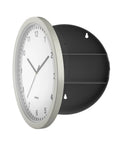 10 Inch Wall Clock Safe With Hidden Shelf Storage, Battery Operated Analog Timepiece with open secret compartment showing shelves