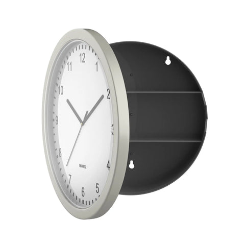 10 Inch Wall Clock Safe With Hidden Shelf Storage, Battery Operated Analog Timepiece with open secret compartment showing shelves