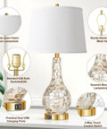 Gold Table Lamps Set Of 2 For Living Room With Shell Tile Inset, Coastal Nightstand Lamps With USB Ports, 3 Way Touch Control, 2700K LED Bulbs Included, Modern Luxe Home Decor featuring white linen drum shade and seashell mosaic lampstand.