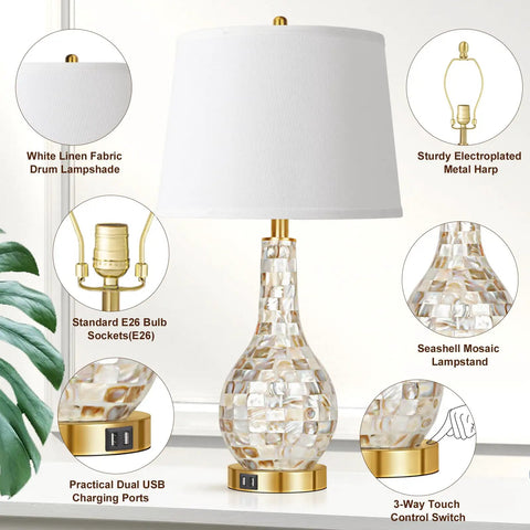 Gold Table Lamps Set Of 2 For Living Room With Shell Tile Inset, Coastal Nightstand Lamps With USB Ports, 3 Way Touch Control, 2700K LED Bulbs Included, Modern Luxe Home Decor featuring white linen drum shade and seashell mosaic lampstand.