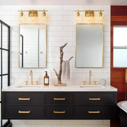 Two Three Light Bronze Vanity Light Fixture With Glass Shade Over Mirror Wall Sconce for Bathroom over dual mirrors