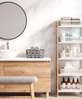 Slick And Solid Plastic Storage Baskets For Classroom Organizing And Teacher Desk Organization Premium Beige Containers on bathroom shelf.