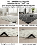 8 Pack L Shaped Rug Grippers, Washable Anti Slip Tape showing curling prevention and adhesive grip on hardwood floor, black