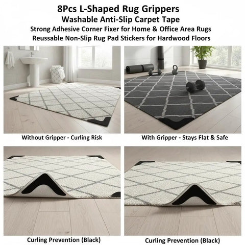 8 Pack L Shaped Rug Grippers, Washable Anti Slip Tape showing curling prevention and adhesive grip on hardwood floor, black