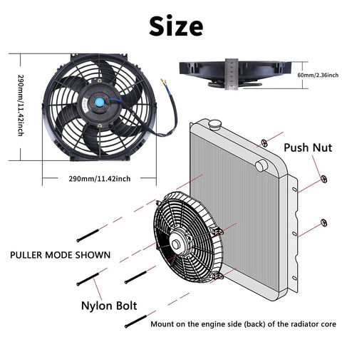 10 Inch Universal Slim Push Pull Radiator Cooling Fan Kit For 12V Engines, High Performance 80W, with dimensions and mounting diagram