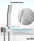 Handheld shower component of 10 Inch Rain Shower System With Rainfall Head Handheld Sprayer Waterfall Tub Spout Wall Mounted Mixer Rough In Valve And Trim Included 7.9 Inch Wide Spout Polished Chrome Finish High Flow 1.41 GPM Durable Brass Valve Easy Install, showing water spray feature.