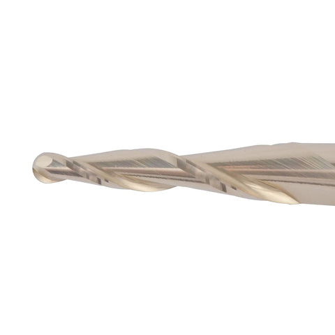 Side view of a Tapered Ball Nose End Mill One Quarter Inch Shank With One Sixteenth Inch Radius For 3D Carving Engraving Router Bit ZrN Two Flute Carbide Cutter