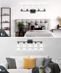Five Light Matte Black Bathroom Vanity Light Fixtures Over Mirror 32.68 Inch Modern Vanity Lights With Clear Glass Shades E26 Base