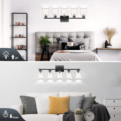 Five Light Matte Black Bathroom Vanity Light Fixtures Over Mirror 32.68 Inch Modern Vanity Lights With Clear Glass Shades E26 Base