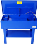 Built Tough 40 Gallon Parts Washer With Electric Solvent Pump Portable Automotive Parts Cleaner open view showcasing blue cabinet and removable shelf.