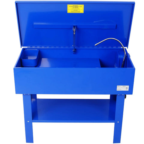 Built Tough 40 Gallon Parts Washer With Electric Solvent Pump Portable Automotive Parts Cleaner open view showcasing blue cabinet and removable shelf.