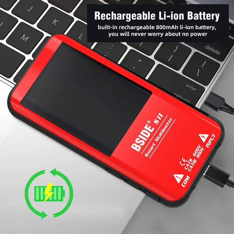 Color LCD Digital Multimeter With 3 Display 9999 Counts Auto Ranging Ohmmeter on laptop, shows rechargeable battery feature.