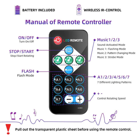 Remote for UV Black Lights For Lit Glow Party, 6W LED Disco Ball Strobe, sound activated, buttons labeled for easy control.