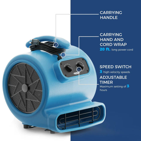 Beastly Drying Power Industrial Strength 3000 CFM Air Mover Blower with timer, handle, and cord wrap, ideal for floor drying.