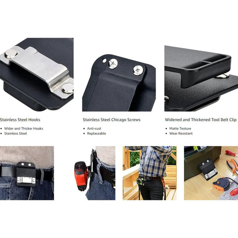 Badass Heavy Duty Tool Hooks For Power Drills And Tape Measures with stainless steel clips on belts for job site use.