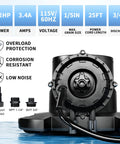 Automatic Pool Cover Pump Half Horsepower 2250 GPH Submersible Sump Pump With Check Valve And Three Adapters 25 Ft Power Cord