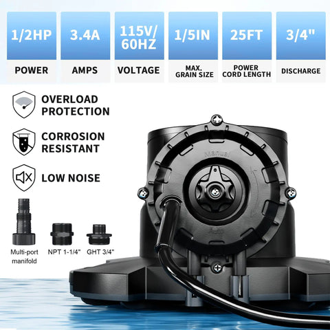Automatic Pool Cover Pump Half Horsepower 2250 GPH Submersible Sump Pump With Check Valve And Three Adapters 25 Ft Power Cord