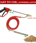Dustless Wet Sandblasting Kit for Pressure Washer 5000 PSI with Replacement Nozzle Tips Glasses Protection and One Quarter Inch Quick Disconnect for Rust Removal Paint Stripping Metal Wood Concrete showing red hose, wand, and sand output
