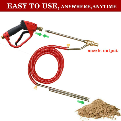 Dustless Wet Sandblasting Kit for Pressure Washer 5000 PSI with Replacement Nozzle Tips Glasses Protection and One Quarter Inch Quick Disconnect for Rust Removal Paint Stripping Metal Wood Concrete showing red hose, wand, and sand output