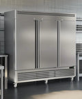 Next Level 3 Door Reach In Commercial Freezer 72 Cu Ft 82 Inches Wide Stainless Steel Upright in modern kitchen setting.