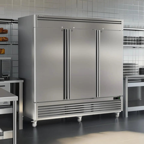 Heavy Duty Three Door Commercial Refrigerator Offering Seventy Two Cubic Feet Of Roomy Storage And Zero Fuss Stainless Steel Build For Restaurants Bars Or Garages in a modern kitchen.