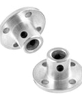 Two silver metal flange couplings with four mounting holes and central bore for 6mm shaft.