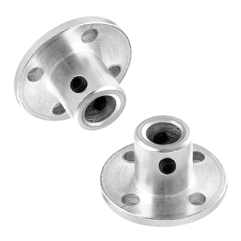 Two silver metal flange couplings with four mounting holes and central bore for 6mm shaft.