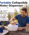 Foldable Water Storage Container With Spigot For Camping And Outdoor Adventures, 10L in use at a campsite table, showing water flow