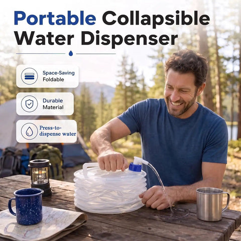Foldable Water Storage Container With Spigot For Camping And Outdoor Adventures, 10L in use at a campsite table, showing water flow