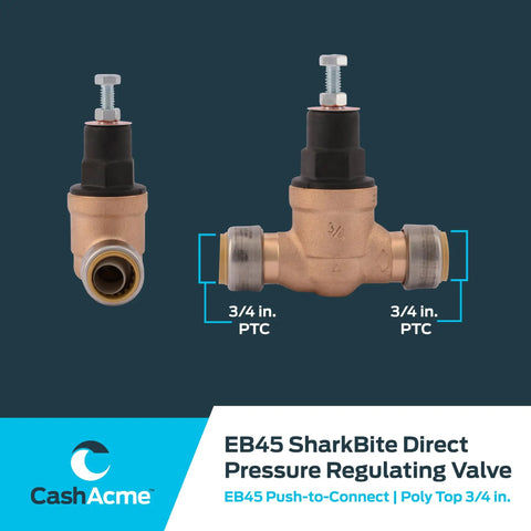 SharkBite Three Quarter Inch Push To Connect Pressure Regulating Valve Direct Mount 45 PSI Poly Top For Home Plumbing