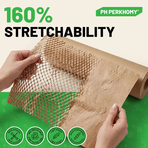 Hands holding Eco Friendly Honeycomb Packing Paper 12 Inch By 180 Foot Cushioning Wrap For Packing And Moving with stretchability.