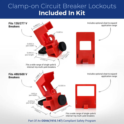 All-In-One Electrical Lockout Tagout Kit For Quick, Safe Power Down On The Go clamp-on circuit breaker lockouts shown in red.