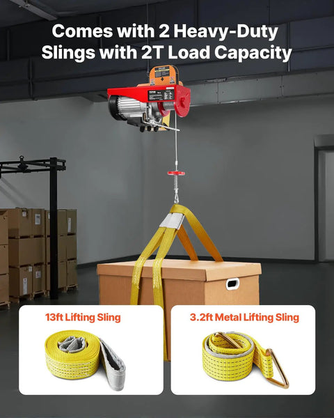 Beefed Up 880 Lb Electric Hoist With 110V Power Remote Control Winch lifting a box with heavy-duty slings in factory setting