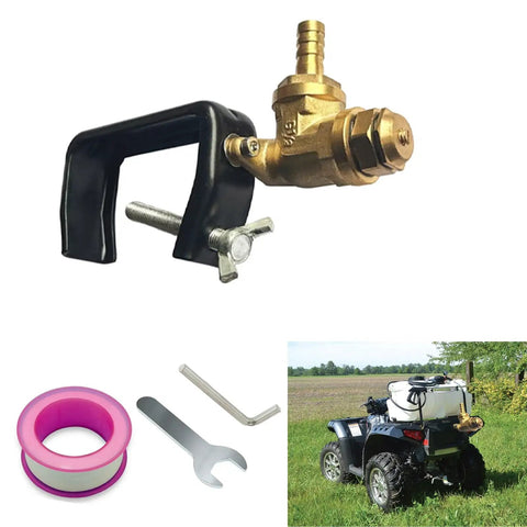 Boomless Spray Nozzle For ATV Sprayers With Brass Orifices 10 And 12, shown with clamp and tools, mounted on ATV in field