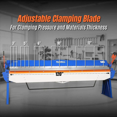 Front view of 120 Inch Manual Sheet Metal Brake with adjustable clamping blade for precise box and pan bending, Model PB12014.