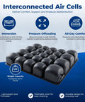 Roho Mosaic Inflatable Seat Cushion For Wheelchair And Office Chair With Adjustable Air Cell Comfort Support Heavy Duty Non Slip Cover Portable Design 18X16 Inch showing interconnected air cells, lightweight design, and pressure distribution features.