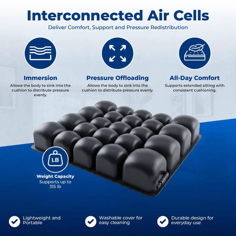 Roho Mosaic Inflatable Seat Cushion For Wheelchair And Office Chair With Adjustable Air Cell Comfort Support Heavy Duty Non Slip Cover Portable Design 18X16 Inch showing interconnected air cells, lightweight design, and pressure distribution features.