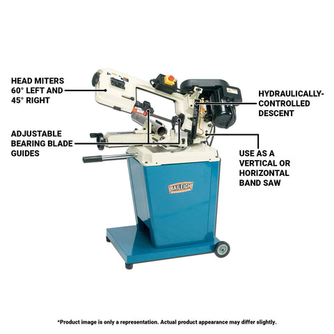 Rock Solid Heavy Duty Portable Miter Band Saw Featuring Smooth Hydraulic Descent And Tank Built Cast Iron Base For Sweet Lumber Cuts Plugged Directly Into Any Standard 110V Wall Socket For Weekend Projects