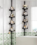 No Sweat Setup 360 Degree Rotating Shower Caddy Tension Pole With Four Tier Rustproof Corner Shelf in black with toiletries